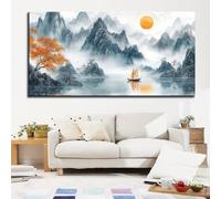 Lienzo decorativo con paisaje abstracto, amanecer, montañas doradas, lago sereno, arte moderno para sala de estar y oficina (25 x 50 cm/10 x 20in)