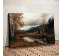 Lienzo decorativo con paisaje otoñal rústico impresión de paisaje de bosque tranquilo con abedules y reflejo de lago 50 x 75 cm marco de madera