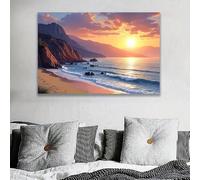 Lienzo decorativo con puesta de sol en la costa - Cuadro moderno horizontal con escena de playa para sala de estar, dormitorio, oficina - Decoración del hogar (80 x 130 cm/sin marco)