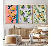 Lienzo decorativo con temática frutal: Cítricos con hojas y manzanas verdes. Decoración para cocina y comedor (60 x 85 cm, 3 unidades)