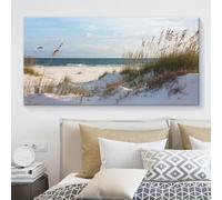 Lienzo decorativo con vista al mar y amanecer en la playa, con un paisaje tranquilo de dunas de arena oceánicas, para sala de estar y dormitorio (50 x 105 cm)