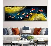 Lienzo decorativo de gran tamaño para pared estilo chino póster de koi ilustración de nueve peces carpa Feng Shui estanque de loto decoración del hogar (30 x 90 cm sin marco)
