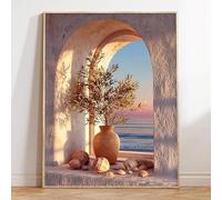 Lienzo decorativo de pared con jarrón de rama de olivo, ventana curva y puesta de sol en la costa (30x45cm/sin marco)