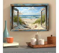 Lienzo decorativo de pared con vista a la playa desde la ventana, olas del océano, dunas de arena, arte costero, imágenes de verano para sala de estar (30x50cm/Sin marco)