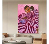 Lienzo decorativo de pared, póster moderno sin marco con imagen de una mujer con flores - Decoración de pared a rayas vibrantes en rosa y morado (80x120cm/Sin marco)