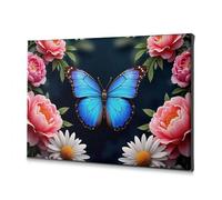 Lienzo decorativo de Pascua con mariposas azules entre flores rosas, decoración de Pascua, decoración de bautismo (30 x 40 cm)