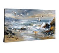 Lienzo Decorativo de Playa Oceánica Decoración Pared Costera 50.8 x 101.6 cm Gran Cuadro Abstracto Paisaje Marino Perros Gaviotas Playa Fotos Moderno Paisaje Obra de Arte para Baño Sala de Estar