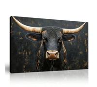Lienzo decorativo de toro longhorn majestuoso para sala de estar, con estampado animal moderno en negro y dorado, estilo rústico de granja (75 x 135 cm)