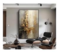 Lienzo decorativo dorado y gris, pintura al óleo abstracta sobre lienzo, obra de arte decorativa moderna, 90 x 140 cm (35 x 55 pulgadas) con marco negro.
