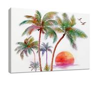 Lienzo decorativo enmarcado con diseño tropical sobre lienzo, póster de árbol blanco, puesta de sol, pájaro, ilustraciones, para salón, dormitorio, cocina, baño, oficina en casa, 90 x 60 cm