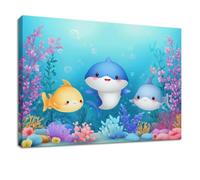 Lienzo decorativo enmarcado de dibujos animados, cuadros decorativos sobre lienzo, póster de animales azules, ballena, delfín, coral, imágenes para salón, dormitorio, cocina, baño, oficina en casa, 90