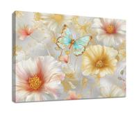 Lienzo decorativo enmarcado para pared, acuarela, pinturas decorativas sobre lienzo, póster de follaje de mariposas y flores grises, imágenes para sala de estar, dormitorio, cocina, baño, oficina en