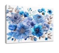 Lienzo decorativo enmarcado para pared, acuarela, pinturas decorativas sobre lienzo, póster floral azul, hoja de rosa - Cuadros para sala de estar, dormitorio, cocina, baño, oficina en casa, 90 x 60
