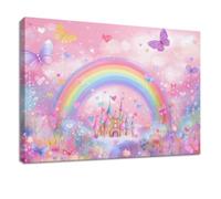 Lienzo decorativo enmarcado para pared, cuadros decorativos sobre lienzo, diseño de mariposas de castillo arcoíris rosa, para sala de estar, dormitorio, cocina, baño, oficina en casa, 100 x 70 cm