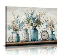 Lienzo decorativo floral rústico de granja, con jarrones vintage con flores azules y relojes antiguos, elegante obra de arte para sala de estar (60 x 90 cm/24 x 35 pulgadas)/marco interior)