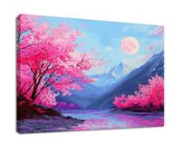Lienzo decorativo japonés para pared, 90 x 60 cm, pintura de pared, árbol azul, luna, lago, paisaje, cuadros decorativos para sala de estar, dormitorio, lienzo enmarcado, obras de arte en casa y