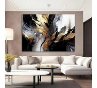 Lienzo decorativo moderno abstracto en dorado, negro y blanco para sala de estar, dormitorio, oficina o hogar. Impresión contemporánea de lujo (70 x 100 cm/Marco interior).