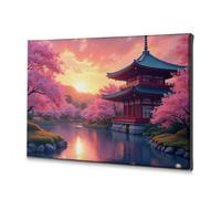 Lienzo decorativo para bautizo, diseño de flor de cerezo, serenidad: un templo japonés al atardecer, decoración rústica para el hogar (30 x 40 cm)