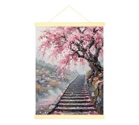 Lienzo decorativo para colgar en la pared con diseño de cerezas en flor, pasos de piedra impresionista tradicional, niebla, primavera, melocotón, con marco, decoración de baño, cocina, dormitorio
