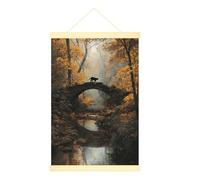 Lienzo decorativo para colgar en la pared, diseño de gato, puente de naturaleza otoñal, río, otoño, naranja, pintura de pared, dormitorio, oficina, aula, decoración de 20 x 28 pulgadas