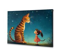 Lienzo decorativo para decoración de baño, una niña con un vestido rojo mira hacia arriba a un tigre grande bajo un cielo estrellado. Cuadro decorativo para pared de sala de estar (30 x 40 cm)