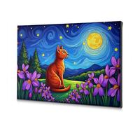 Lienzo decorativo para decoración de Pascua, un gato rojo sentado en medio de vibrantes flores moradas bajo un remolino de cielo nocturno, lienzo decorativo para comedor, decoración de primavera (30 x