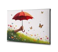 Lienzo decorativo para decoración de primavera con una mano sosteniendo un paraguas entre un campo de flores y mariposas coloridas. Lienzo decorativo para baño, decoración de pared, sala de estar (40