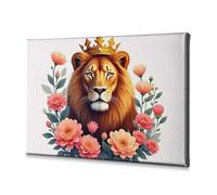 Lienzo decorativo para decoración de sala de estar, un león majestuoso adornado con una corona, rodeado de flores vibrantes. Lienzo decorativo para decoración de sala de estar, decoración de bautismo