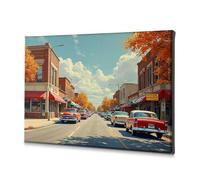 Lienzo decorativo para decoración religiosa de Pascua con diseño de coches clásicos y hojas de otoño en una pequeña ciudad para sala de estar, baño, arte de pared (20 x 30 cm)