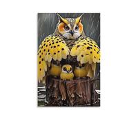 Lienzo decorativo para pared, 12 x 18 pulgadas, un búho con alas amarillas que protege a tres búhos bebés en un tocón de árbol bajo la lluvia, pinturas decorativas para el hogar, dormitorio (sin marco
