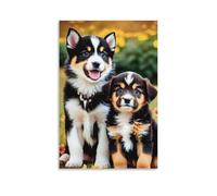 Lienzo decorativo para pared, 20 x 30 pulgadas, dos cachorros con pelo negro, blanco y marrón, sentados sobre la hierba con flores amarillas, pinturas decorativas para el hogar, dormitorio (sin marco)