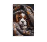 Lienzo decorativo para pared, 20 x 30 pulgadas, un cachorro Cavalier King Charles Spaniel envuelto en una manta a cuadros, con su cabeza y patas visibles, mirando hacia afuera, pinturas decorativas