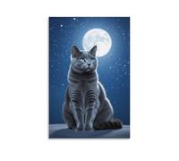 Lienzo decorativo para pared, 20 x 30 pulgadas, un gato gris con ojos azules sentado bajo una luna llena, pinturas decorativas para el hogar, dormitorio (sin marco)