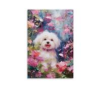 Lienzo decorativo para pared, 20 x 30 pulgadas, un perro blanco con un collar rosa de pie entre flores rosas, pinturas decorativas para el hogar, dormitorio (sin marco)
