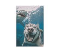 Lienzo decorativo para pared, 20 x 30 pulgadas, un perro husky y un tiburón nadando bajo el agua, pinturas decorativas para el hogar, dormitorio (sin marco)