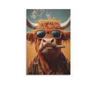 Lienzo decorativo para pared, 20 x 30 pulgadas, una vaca de las tierras altas con gafas de sol naranjas, una camisa a cuadros y un cigarro en su boca, pinturas decorativas para el hogar, dormitorio