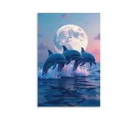 Lienzo decorativo para pared, 24 x 36 pulgadas, delfines saltando en el océano bajo una luna llena, 1 pintura decorativa para el hogar, dormitorio (sin marco)