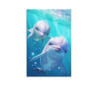 Lienzo decorativo para pared, 24 x 36 pulgadas, dos delfines nadando bajo el agua, sonriendo y con burbujas a su alrededor, pinturas decorativas para el hogar, dormitorio (sin marco)
