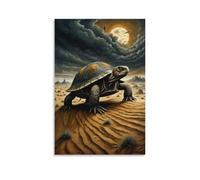 Lienzo decorativo para pared, 24 x 36 pulgadas, un desierto con tortuga, bajo una luna llena con pájaros volando, pinturas decorativas para el hogar, dormitorio (sin marco)