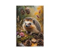 Lienzo decorativo para pared, 24 x 36 pulgadas, un erizo en un bosque con piñas, flores y hojas de otoño, pinturas decorativas para el hogar, dormitorio (sin marco)