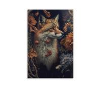 Lienzo decorativo para pared, 24 x 36 pulgadas, un zorro con decoraciones florales en la cabeza y el cuello, pinturas decorativas para el hogar, dormitorio (sin marco)