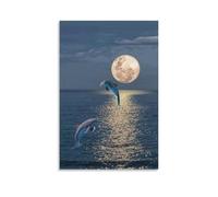Lienzo decorativo para pared, 30,5 x 45,7 cm, delfines saltando sobre el mar bajo una luna llena, pinturas decorativas para el hogar, dormitorio (sin marco)