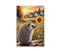 Lienzo decorativo para pared, 30,5 x 45,7 cm, un erizo sentado en un tronco, mirando a un girasol, pinturas decorativas para el hogar, dormitorio (sin marco)