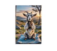Lienzo decorativo para pared, 30,5 x 45,7 cm, una cabra sentada en una esterilla de yoga con las manos cerradas, en una zona montañosa al atardecer, pinturas decorativas para el hogar, dormitorio (sin
