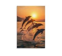 Lienzo decorativo para pared, 40,6 x 61 cm, delfines saltando del agua al atardecer, creando salpicaduras y luz dorada, pinturas decorativas para el hogar, dormitorio (sin marco)