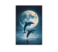 Lienzo decorativo para pared, 40,6 x 61 cm, dos delfines saltando sobre el océano bajo una luna llena, pinturas decorativas para el hogar, dormitorio (sin marco)