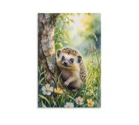 Lienzo decorativo para pared, 40,6 x 61 cm, un erizo apoyado contra el tronco de un árbol, rodeado de hierba y flores pequeñas, pinturas decorativas para el hogar, dormitorio (sin marco)