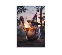 Lienzo decorativo para pared, 40,6 x 61 cm, un erizo con un sombrero de mago, sosteniendo una varita mágica brillante, pinturas decorativas para el hogar, dormitorio (sin marco)