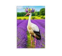 Lienzo decorativo para pared, 40,6 x 61 cm, una cigüeña con una corona floral de pie en un campo de lavanda, pinturas decorativas para el hogar, dormitorio (sin marco)