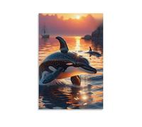 Lienzo decorativo para pared, 50.8 x 76.2 cm, delfines saltando en el mar al atardecer, pinturas decorativas para el hogar, dormitorio (sin marco)